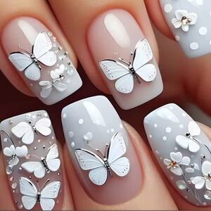 24 Pc White Butterfly Press On Nails